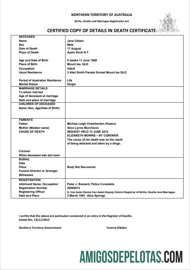 Para baixar modelo de certidão de óbito da Austrália, Território do Norte da Austrália em formato Word